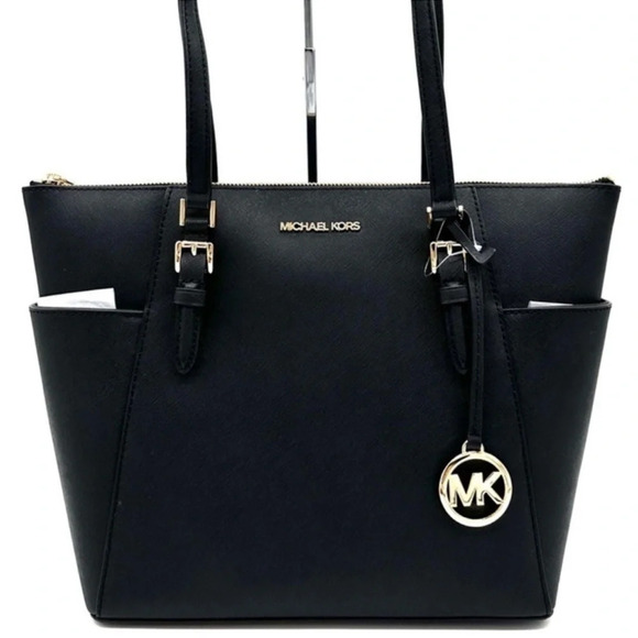 Michael Kors Large Charlotte Tote Bag Leather Black/Gold - Picture 1 of 12
